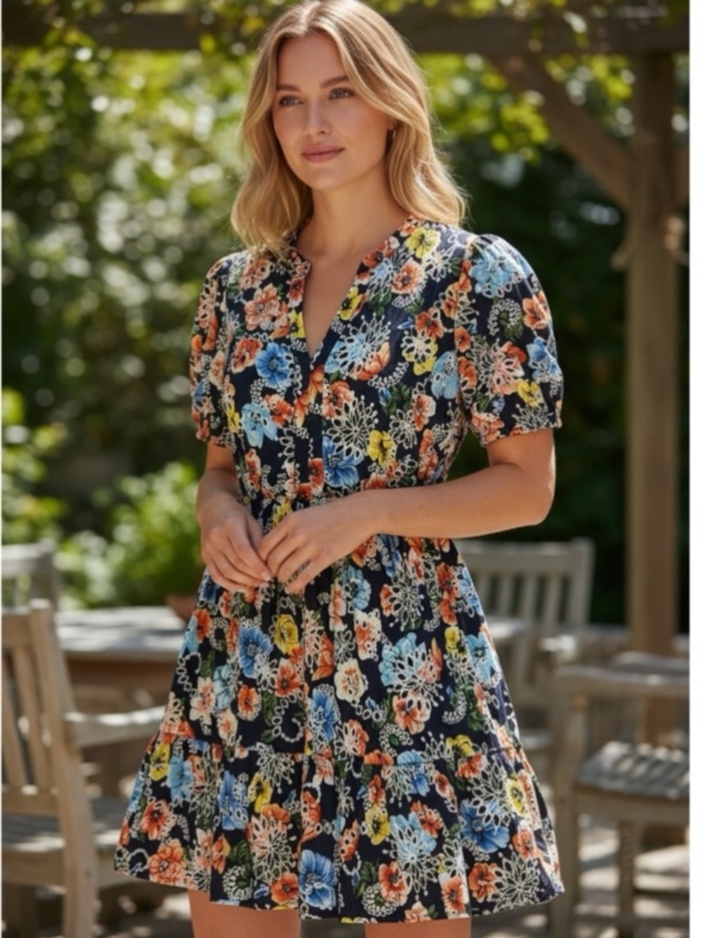VOY Floral Eyelet Short Sleeve Dress Navy with Multicolor Flowers size large